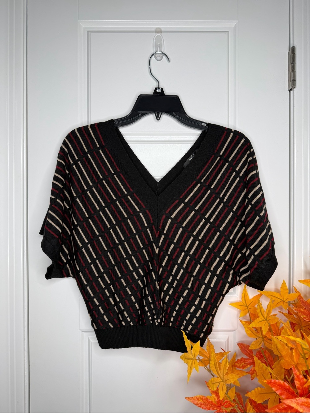 Papaya Black V-Neck Short Sleeve Sweater with Beige and Burgundy Stripes